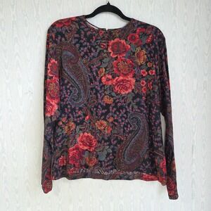 Vtg 80s Women's L Career Guild Top Woven Dark Floral Long Sleeve Whimsigoth
